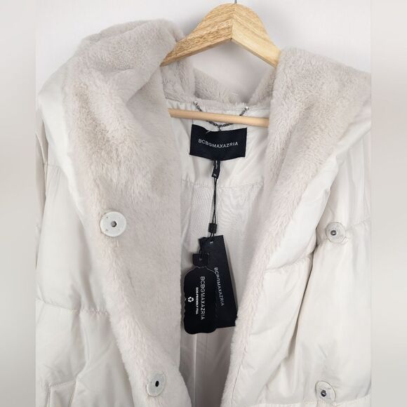 BCBGmaxazria White Puffer Winter Coat Women's Oversized XL Faux Fur Hooded Warm - Picture 16 of 16